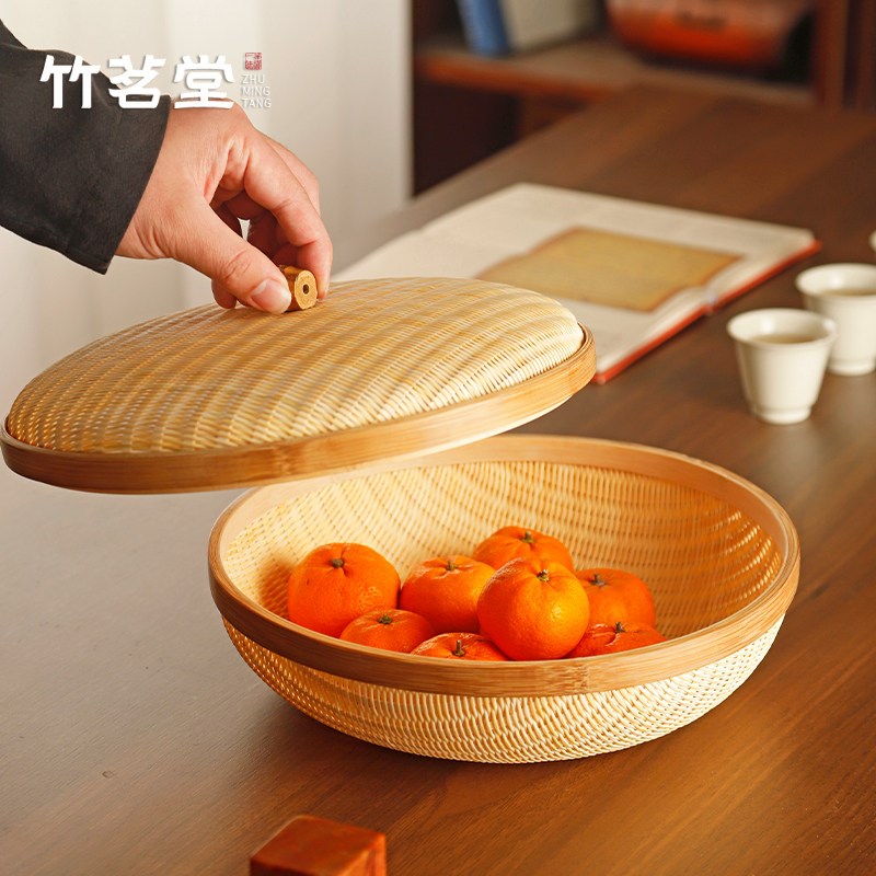 手工竹丝精编茶具收纳筐带盖收纳篮家用水果篮点心篮厨房馒头竹筐