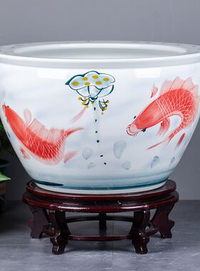 景德镇手绘红运莲年陶瓷鱼缸水缸阳台睡莲荷花缸室外庭院陶瓷大缸