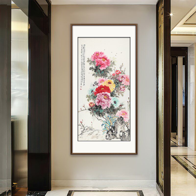 2024年新款牡丹玄关国画新中式装饰画美协名家真迹手绘走廊过道画