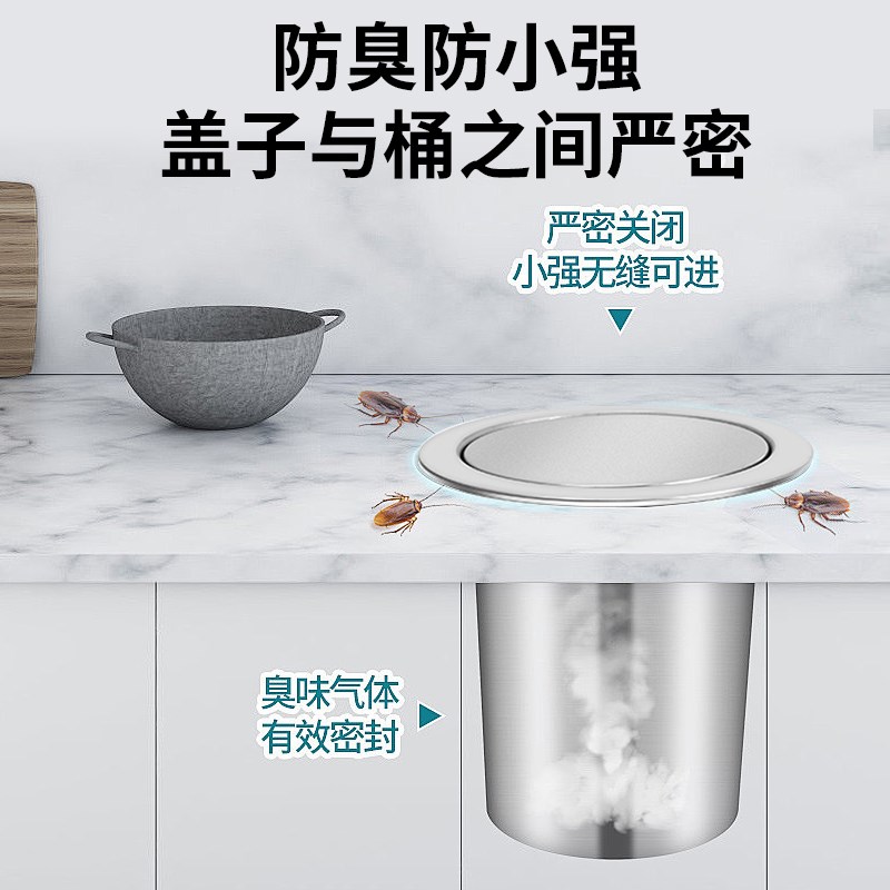 厨房隐藏360度摇摆式翻盖 304不锈钢台面嵌入式垃圾桶 圆形装饰盖