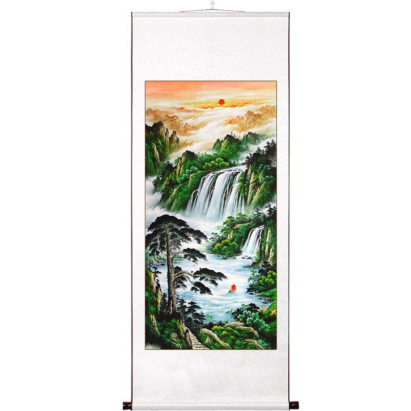 旭日东升国画山水画竖幅客厅风水画招财卷轴挂画靠山办公室装饰画