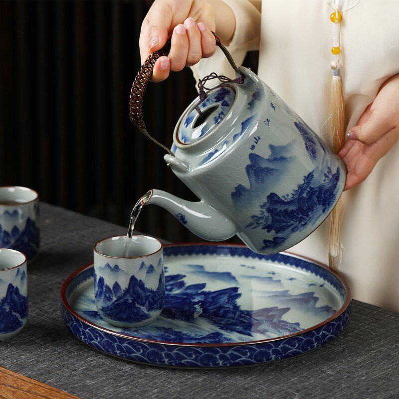 景德镇青花瓷功夫茶具套装大号陶瓷老陶泥开片提梁壶茶杯茶盘整套