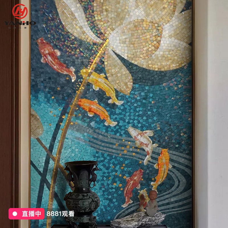 入户玄关青花瓷碎片拼图玻璃马赛克瓷砖剪画拼花卫生间背景墙壁画