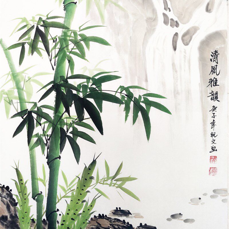 纯手绘国画花鸟画写意水墨画三尺斗方山水竹子绿竹客厅餐厅装饰画