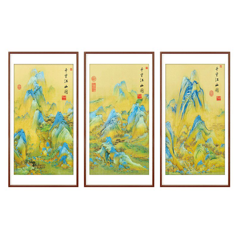 千里江山图十字绣2023新款线绣厅大幅名画风景三联画竖版客手工绣