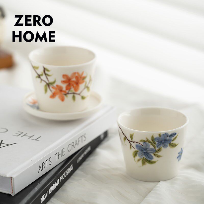 ZEROHOME丨手绘蓝花陶瓷拉花缸咖啡缸家用咖啡拉花杯百合花猪口杯