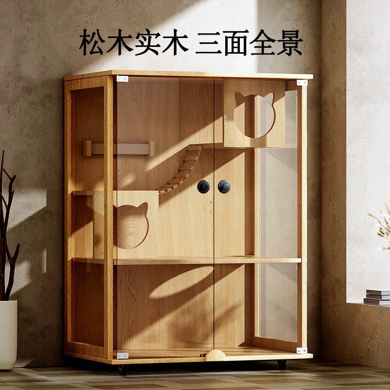 实木猫别墅超大全景防水豪华猫窝自由空间猫舍三层松木家用猫笼子