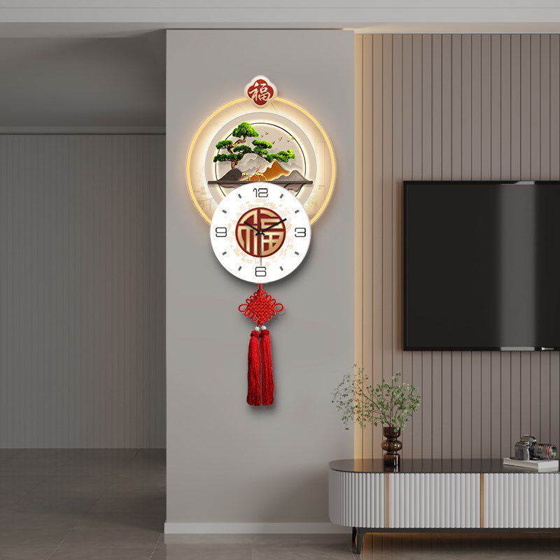 新中式餐厅挂钟福字装饰画时钟挂画2025新款高级感饭厅钟表画挂墙