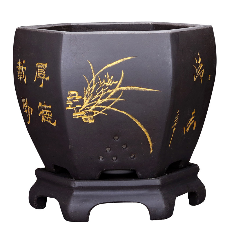 宜兴紫砂兰花专用盆六方大号陶瓷家用阳台带托盘盆景花盆特价包邮