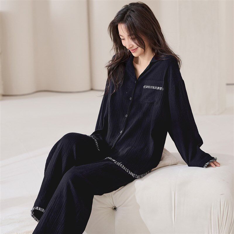 都市丽人女士睡衣春秋高级感长袖长版黑色睡衣女款家居服2026新款