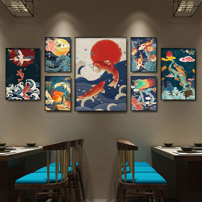 锦鲤国潮挂画饭店餐饮店烤鱼店墙面馆火锅店鲤鱼挂画麻辣烫装饰画