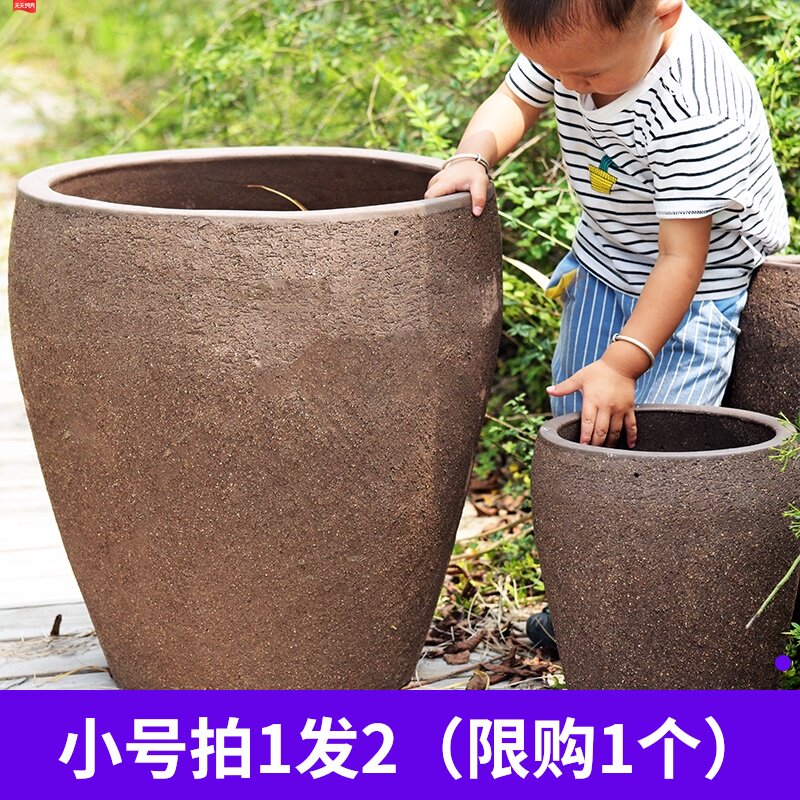 复古特大号落地粗陶紫砂手工花盆缸大口径栽树磨砂高端大陶罐组合