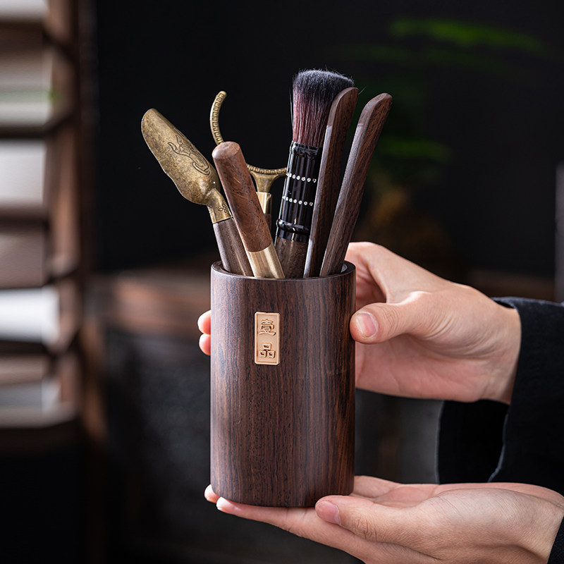 茶具配件六君子套装纯铜茶杯垫黑檀木茶道6君子实木茶筒茶刀高档