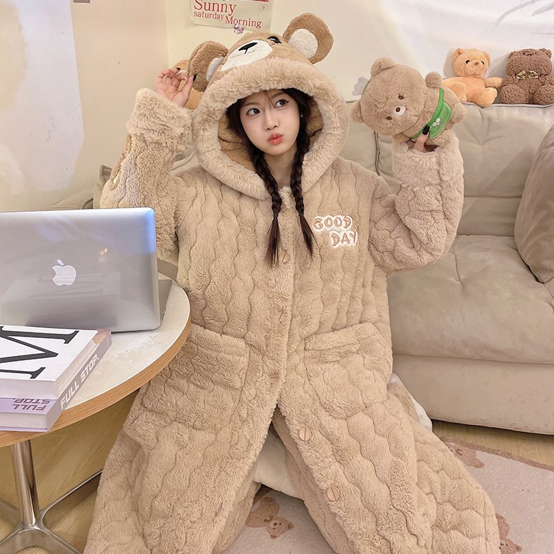 睡袍女秋冬季三层夹棉珊瑚绒睡衣长款加厚加绒保暖连帽浴袍家居服