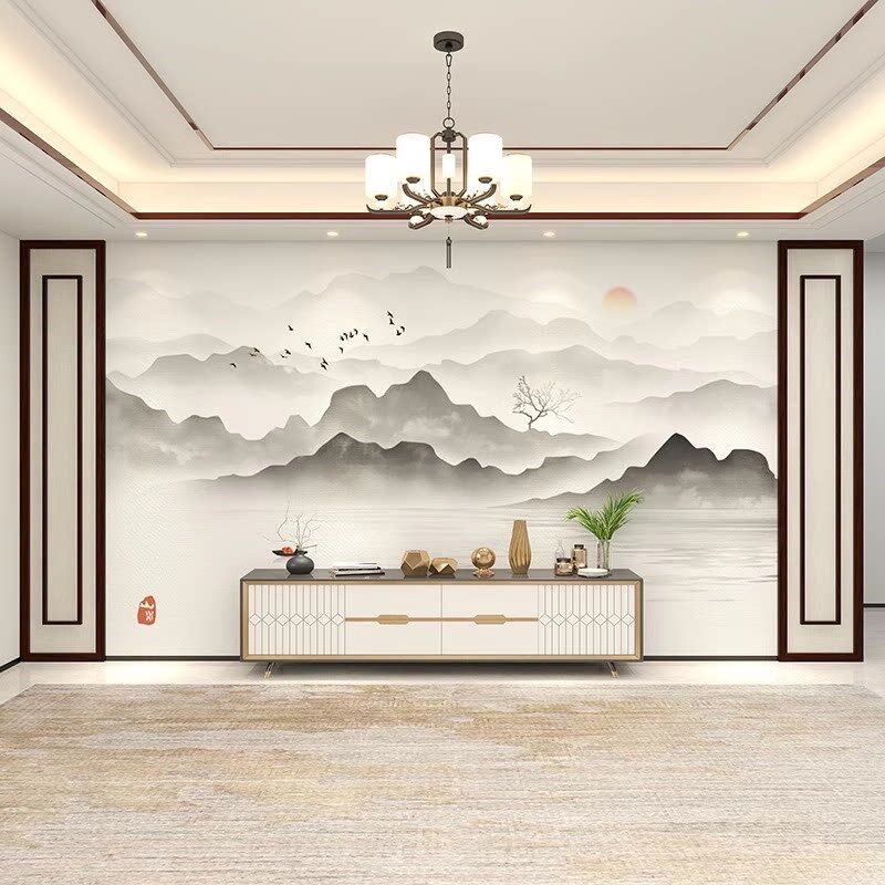 碳晶板新中式水墨画山水画大气电视沙发背景墙护墙板木饰面板装饰