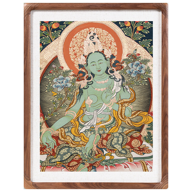 绿度母唐卡挂画西藏手绘母子平安健康玄关装饰画白度母观想佛像