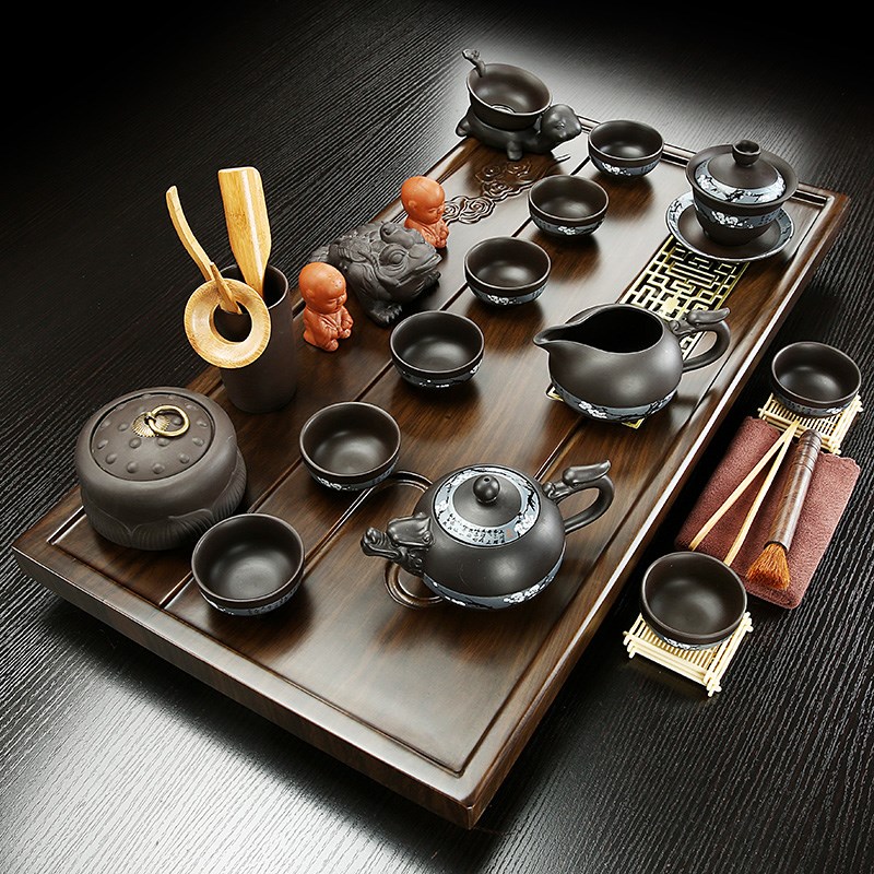 排水式实木茶盘中式祥云纳福茶具 功夫泡茶海托盘家用小型整套