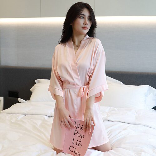 冰丝睡衣女夏季中长款丝绸垂感睡袍晨袍七分袖纯欲高级黑色浴袍春
