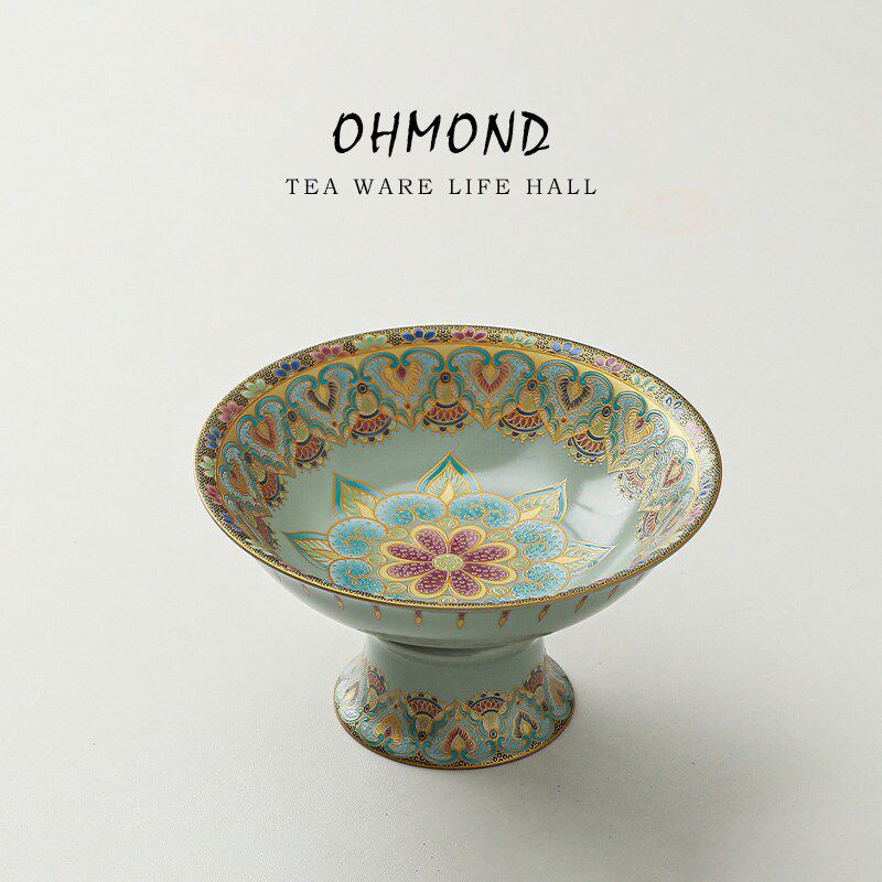 OHMOND  珐琅彩中式莲花高脚陶瓷茶点盘 家用水果盘精致供品盘子
