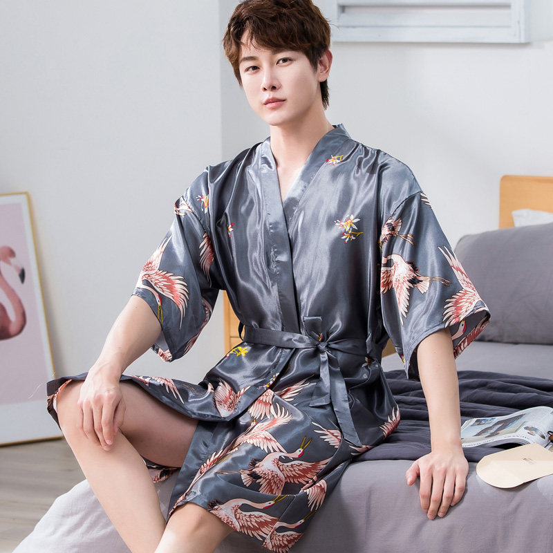 新款长袖男士睡袍夏季薄款系带睡衣男短袖冰丝夏天丝绸家居服大码