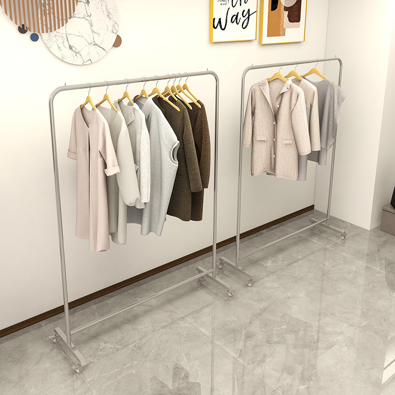 服装店展示架不锈钢拉丝银色陈列货架女装店带轮中岛落地式挂衣架