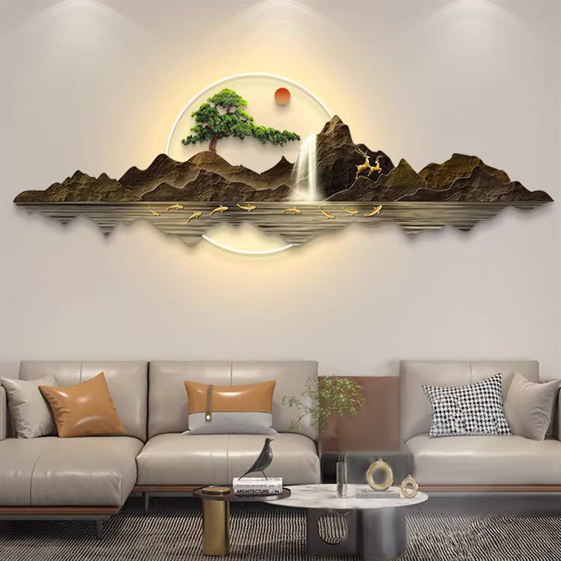 轻奢led带灯迎客松客厅装饰画沙发背景墙挂画简约现代高级感灯画