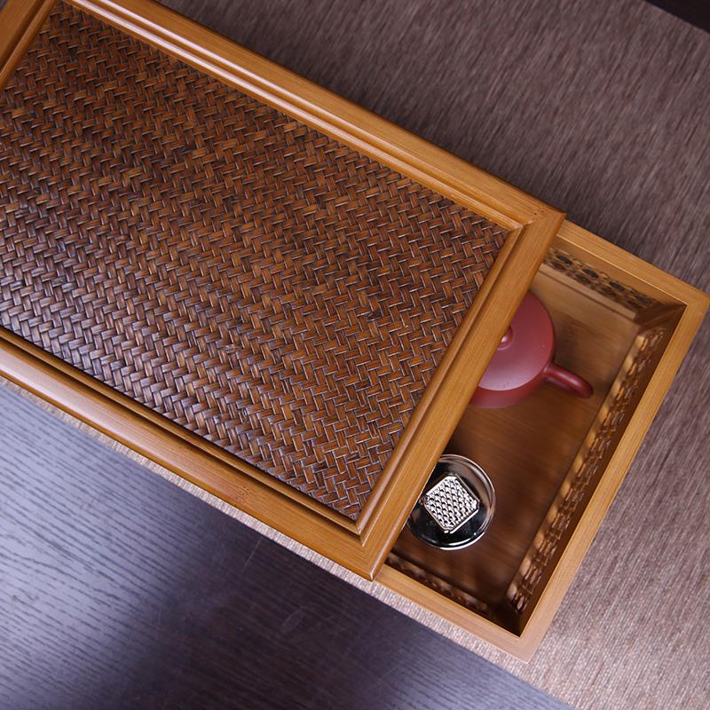 竹制镂空茶具收纳盒 紫砂壶茶宠席面收纳框 复古桌面带盖茶杯托盘