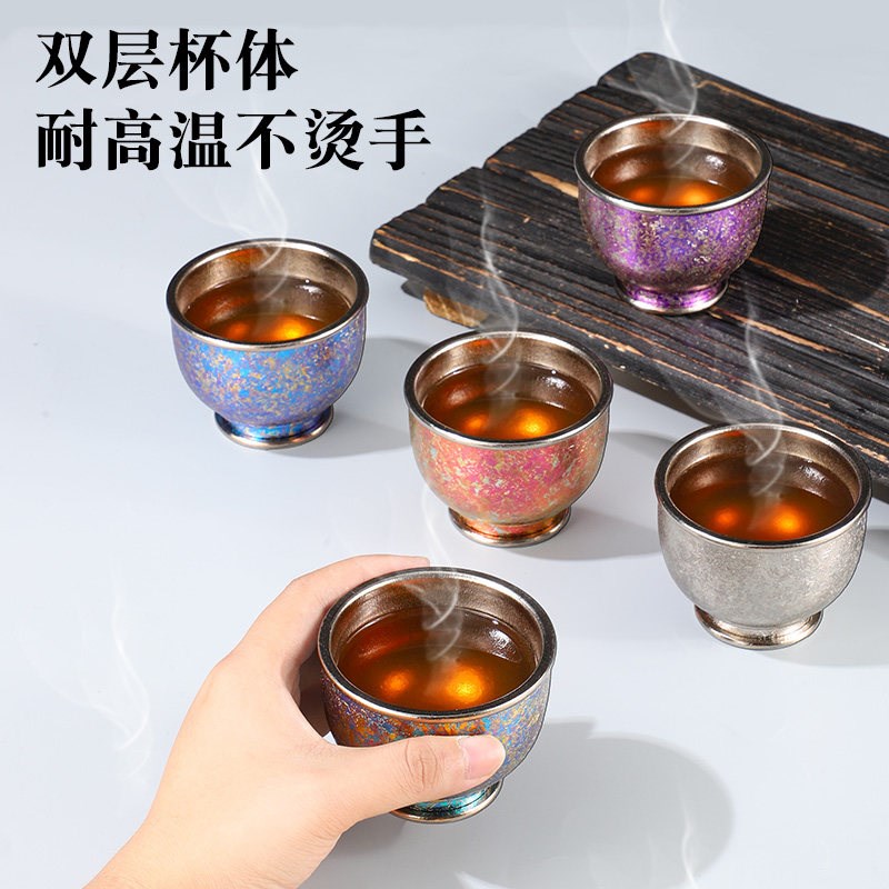 纯钛主人杯茶盏茶具套组加厚双层防烫纯钛茶杯高颜值品茗品茶杯
