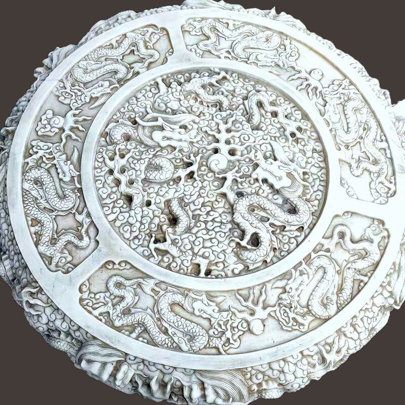 石桌石凳户外庭院花园一套天然汉白玉做旧圆桌子仿古雕龙茶台摆件