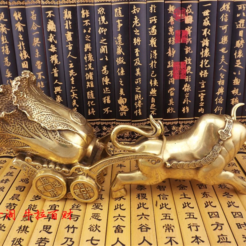 纯铜牛拉白菜百财摆件黄铜牛拉财车牛店铺开业客厅工艺品摆件家居
