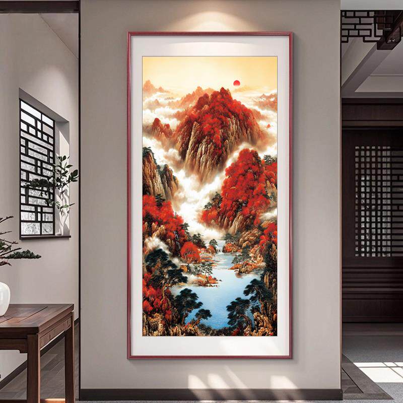 鸿运当头玄关装饰画新中式走廊过道尽头山水画国画竖版挂画墙壁画