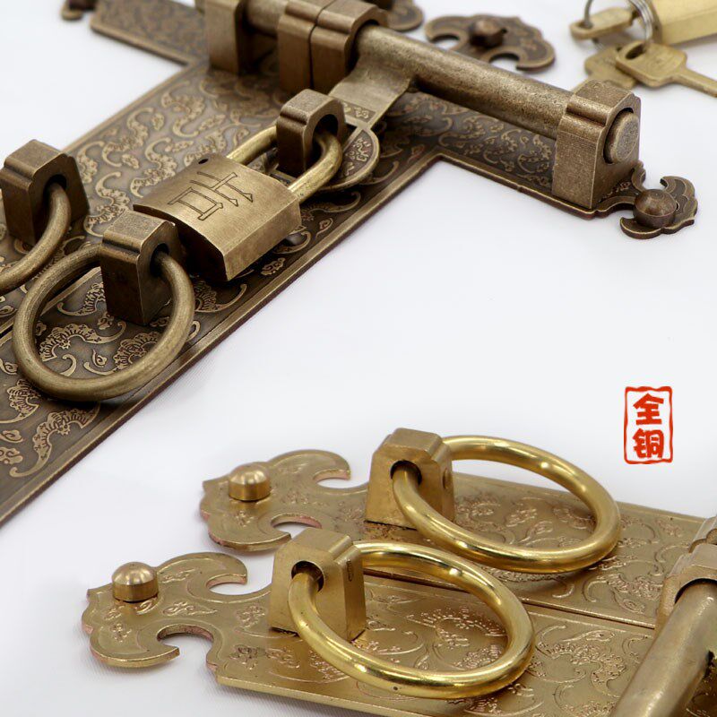 仿古大门栓纯铜插销中式庭院花园锁扣复古木门拉手老式明装铜门闩