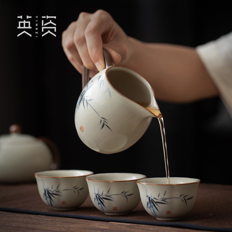 英资 墨竹汝窑公道杯茶滤网一体 陶瓷茶海茶具单个分茶器泡茶公杯
