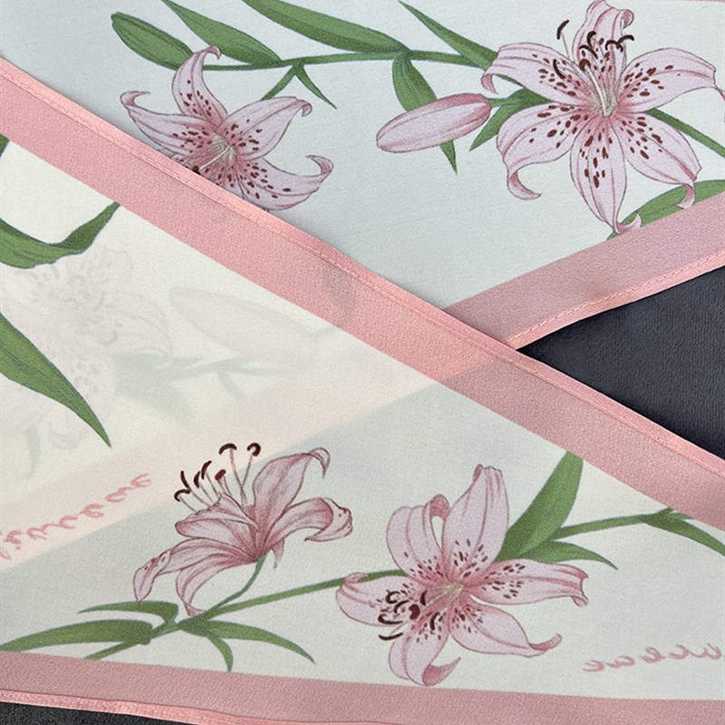 插画师水彩手绘花卉百合花双面印花真丝丝巾发带小长条菱形绑包