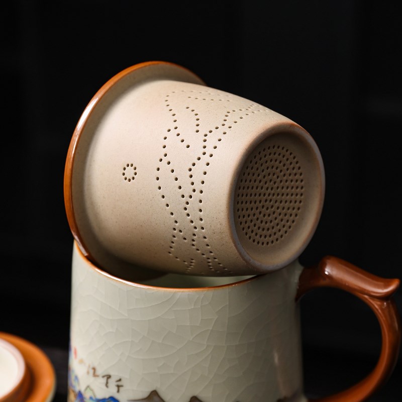 千里江山汝窑茶杯茶水分离杯陶瓷办公室泡茶杯带过滤喝茶水杯定制