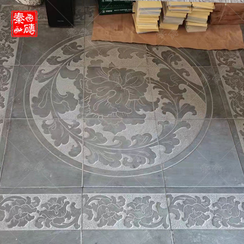 仿古砖雕铺装地面浮雕中式牡丹花砖五福临门古建青砖地雕庭院户外