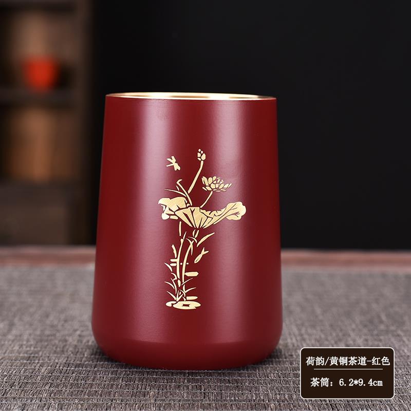 彩漆黄铜茶筒笔筒茶道六君子配件办公室书桌摆件文房收纳筒单筒
