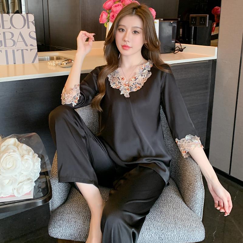 桑蚕丝女士睡衣中年妈妈礼物家居服真丝蕾丝女七分袖长裤套装蕾丝
