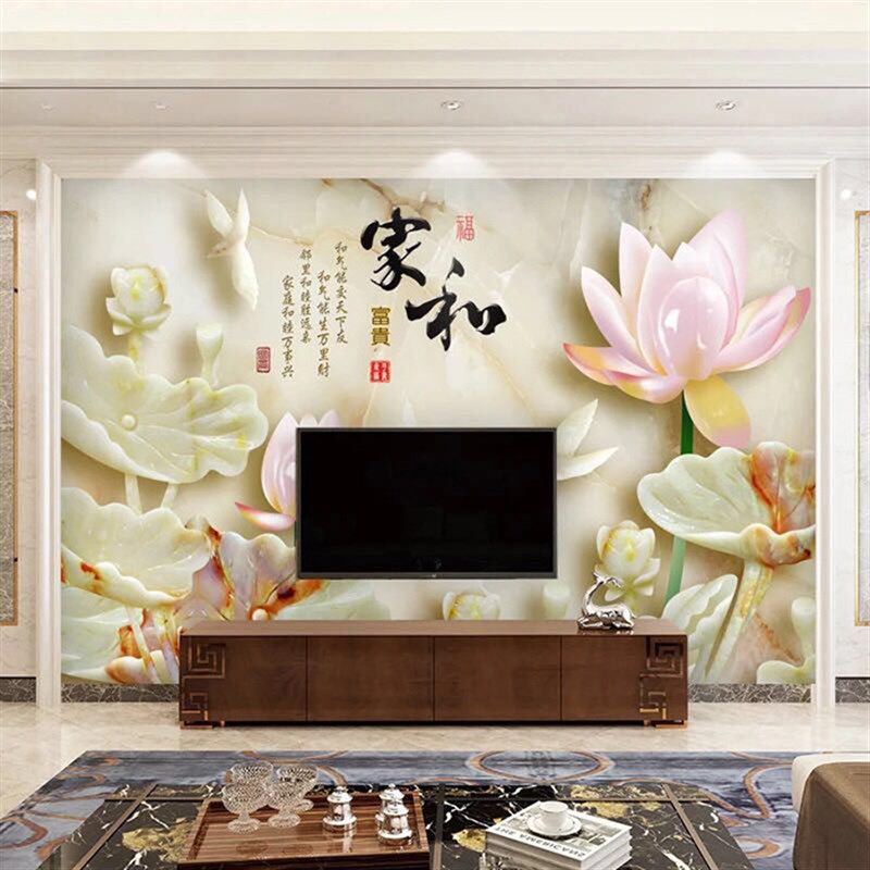 8d立体玉雕现代中式电视背景墙布5d客厅大气影视墙壁纸3d松鹤壁画