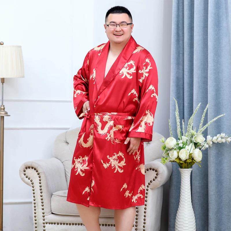 加肥大码浴袍丝绸长袖龙纹睡袍男士高级感冰丝晨袍胖子网红款睡衣