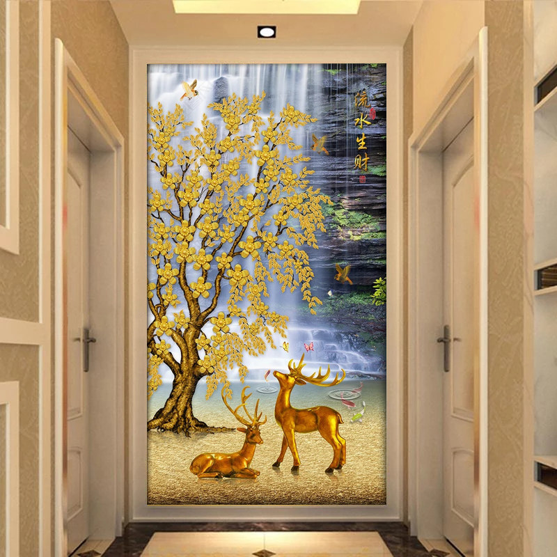 壁纸3d立体玄关背景墙贴欧式发财树自粘墙布客厅走廊过道竖版墙纸