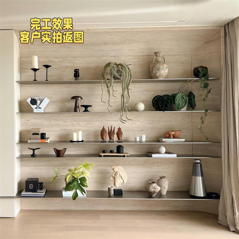 不锈钢一字型层板实心钢板柜嵌墙平板金属置物架定制柜LED灯书架图片