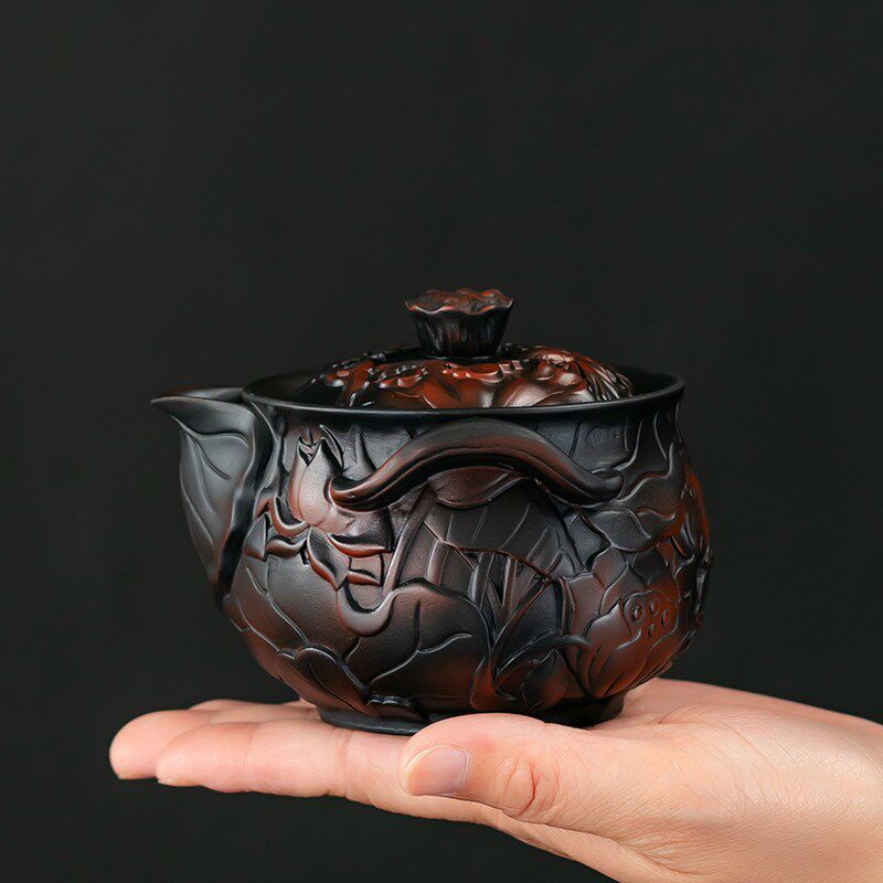 紫陶手抓壶单个泡茶专用浮雕紫砂壶功夫茶具套装全手工堆雕宝瓶壶