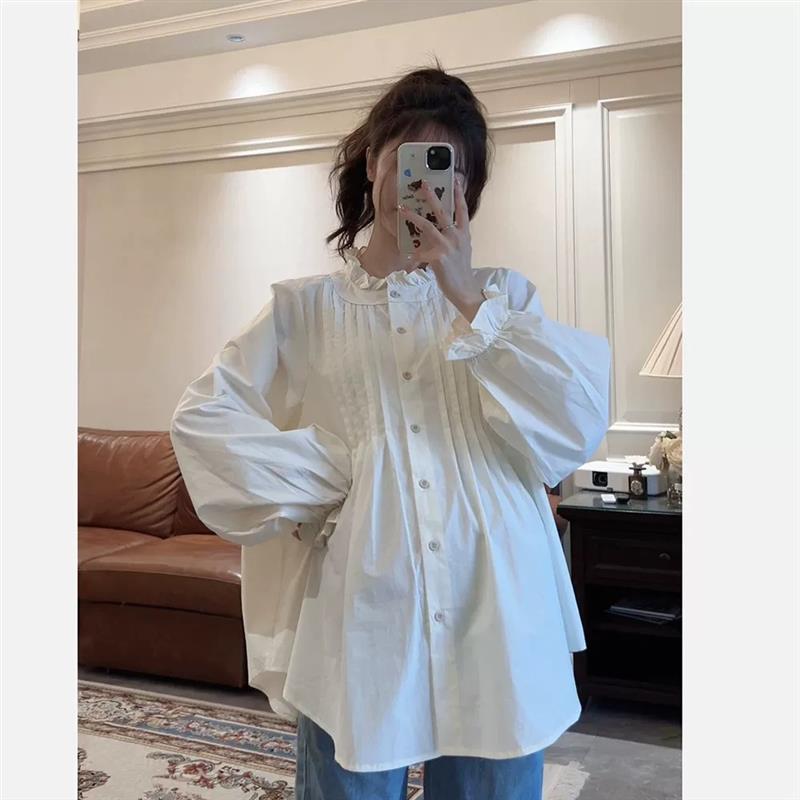孕妇白色衬衫日系温柔风花边领灯笼袖衬衫女白色气质减龄洋气上衣