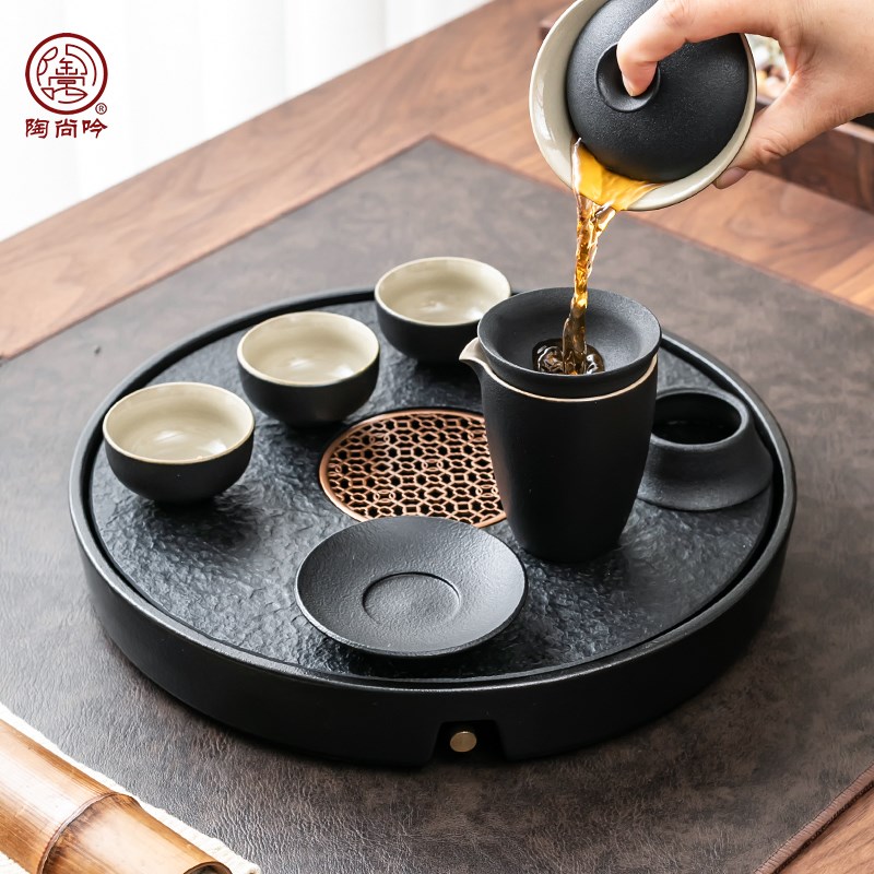 整套陶瓷乌金石茶盘功夫茶具套组简约家用办公小茶台茶壶茶杯泡茶