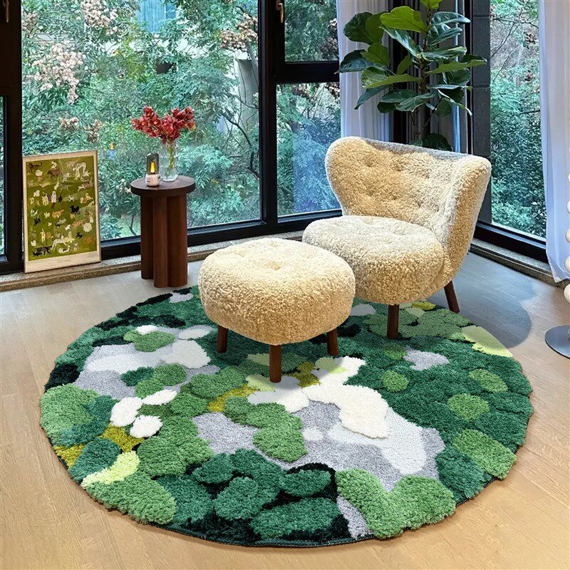 绿色森林苔藓圆形地毯客厅轻奢高级ins风毛绒地垫卧室房间床边毯