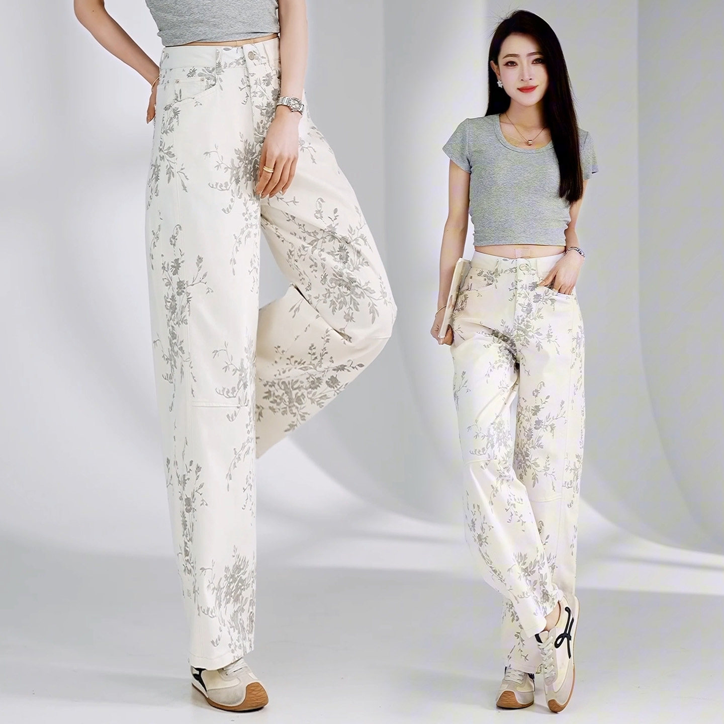 花灰色提花高腰垂感阔腿牛仔裤女