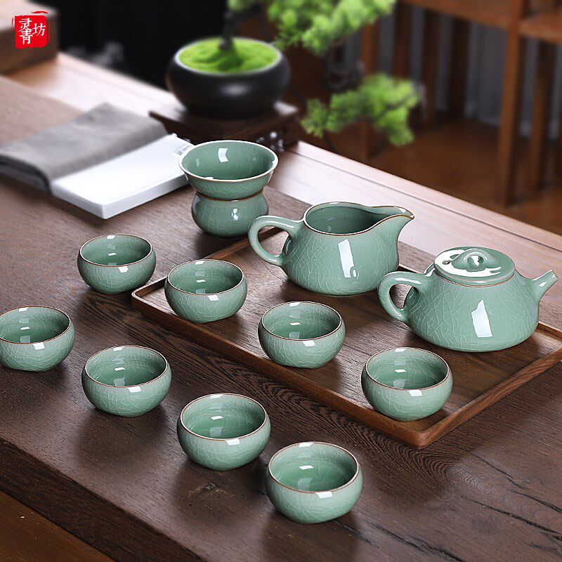 青瓷高端功夫茶具套装家用办公室会客送礼陶瓷泡茶壶茶杯哥窑冰裂