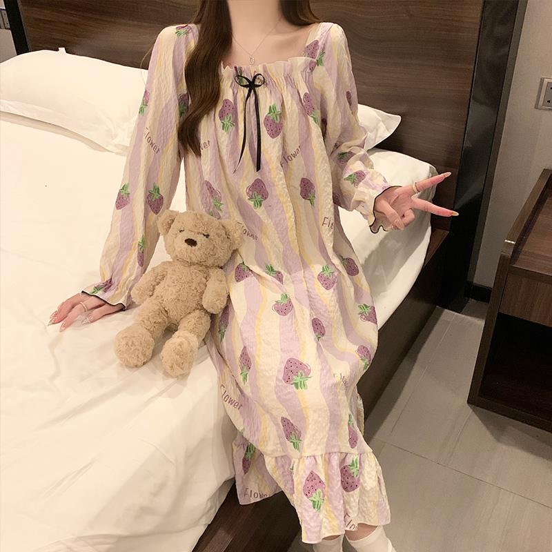 草莓甜美风带胸垫睡裙女款春秋冬季长袖云朵棉2025新款孕妇睡衣裙