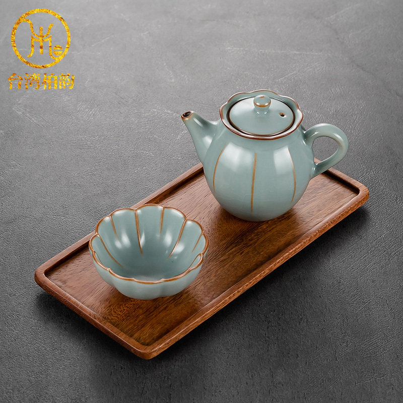 柏韵汝窑一壶一杯带胡桃木托盘开片汝瓷冰裂功夫茶具茶壶茶杯套装